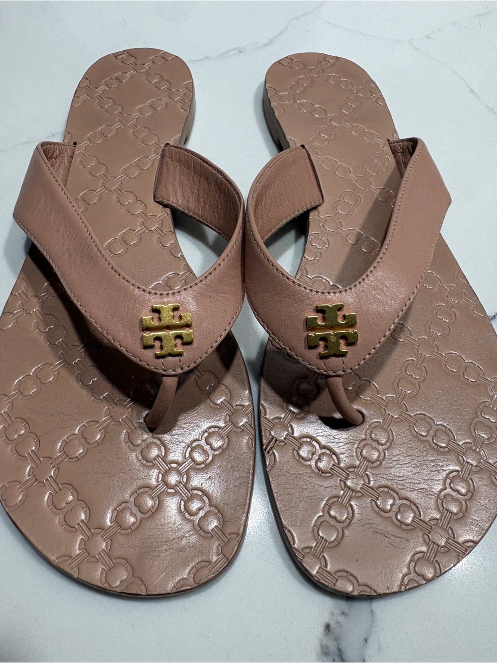 Tory Burch Rose nude blush Leather Logo Thong Sandals